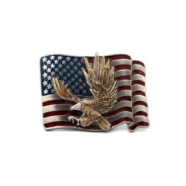 Antique Silver 3D American Flag Belt Buckle with Eagle Design